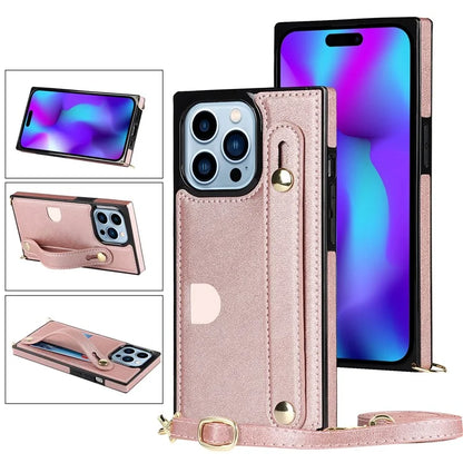 For iPhone 15 Pro Max Cell Phone Case Card Slot PU Leather+TPU Back Shell with Shoulder Strap