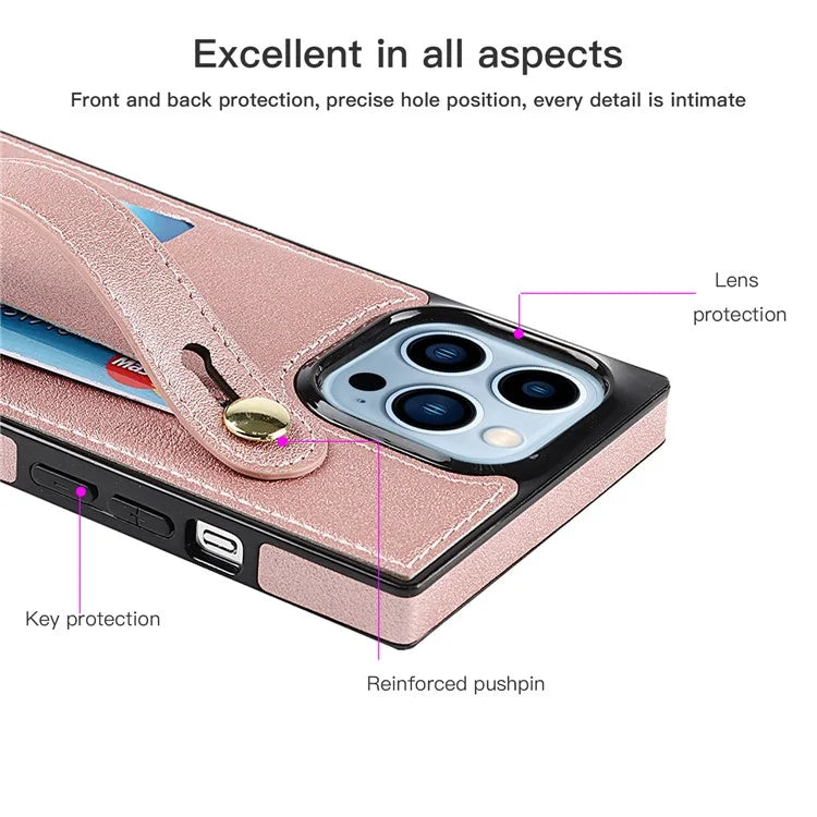 For iPhone 15 Pro Max Cell Phone Case Card Slot PU Leather+TPU Back Shell with Shoulder Strap
