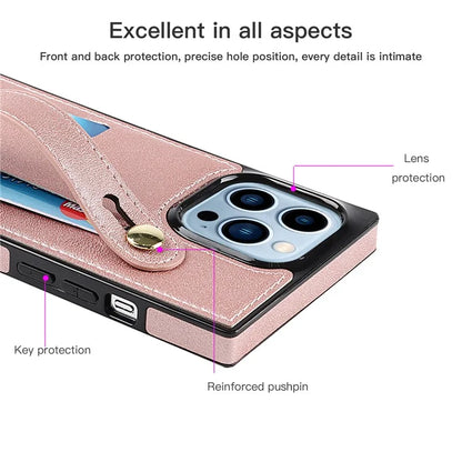 For iPhone 15 Pro Max Cell Phone Case Card Slot PU Leather+TPU Back Shell with Shoulder Strap