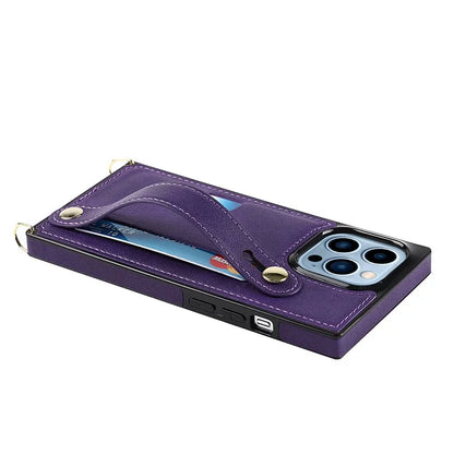 For iPhone 15 Pro Max Cell Phone Case Card Slot PU Leather+TPU Back Shell with Shoulder Strap
