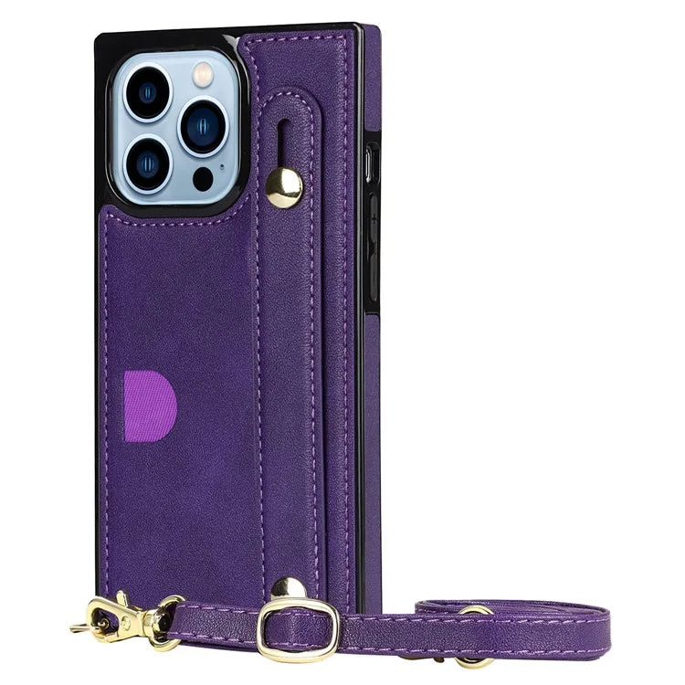 For iPhone 15 Pro Max Cell Phone Case Card Slot PU Leather+TPU Back Shell with Shoulder Strap