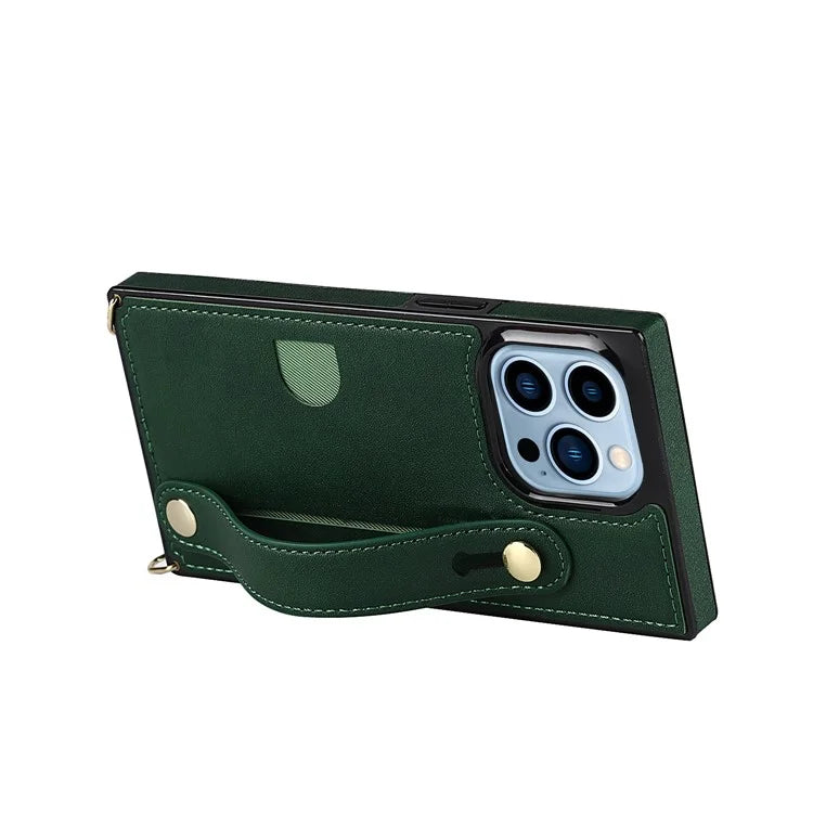 For iPhone 15 Pro Max Cell Phone Case Card Slot PU Leather+TPU Back Shell with Shoulder Strap