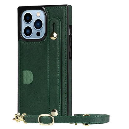 For iPhone 15 Pro Max Cell Phone Case Card Slot PU Leather+TPU Back Shell with Shoulder Strap