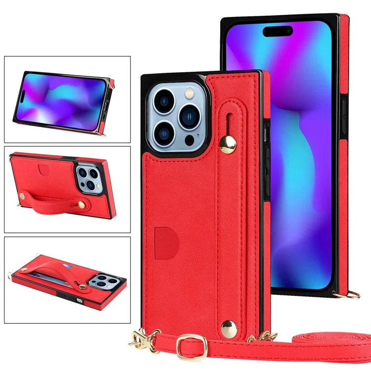 For iPhone 14 Pro Max Case Crossbody PU Leather Coated TPU Strap Kickstand Phone Protector