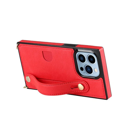 For iPhone 14 Pro Max Case Crossbody PU Leather Coated TPU Strap Kickstand Phone Protector