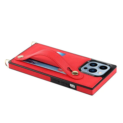 For iPhone 14 Pro Max Case Crossbody PU Leather Coated TPU Strap Kickstand Phone Protector