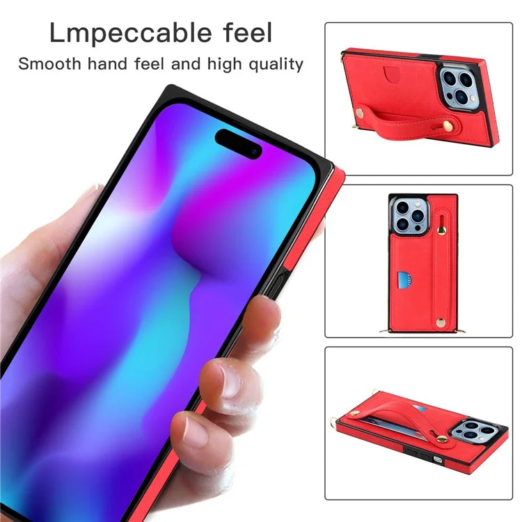 For iPhone 14 Pro Max Case Crossbody PU Leather Coated TPU Strap Kickstand Phone Protector