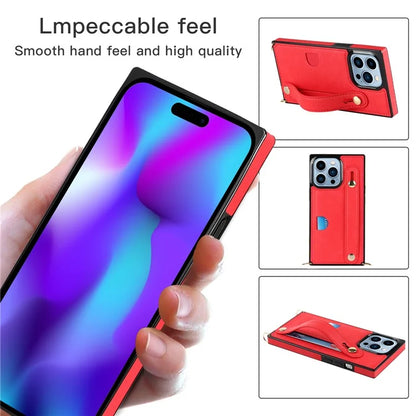 For iPhone 14 Pro Max Case Crossbody PU Leather Coated TPU Strap Kickstand Phone Protector