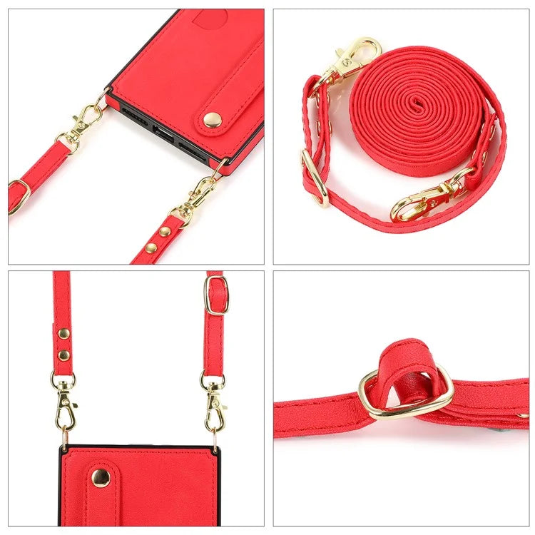 For iPhone 14 Pro Max Case Crossbody PU Leather Coated TPU Strap Kickstand Phone Protector