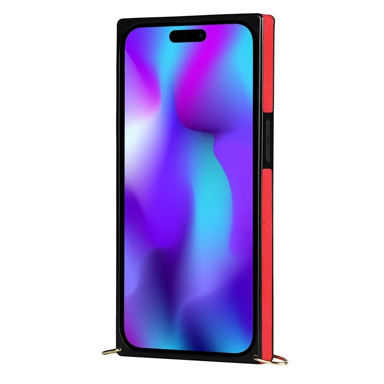 For iPhone 14 Pro Max Case Crossbody PU Leather Coated TPU Strap Kickstand Phone Protector