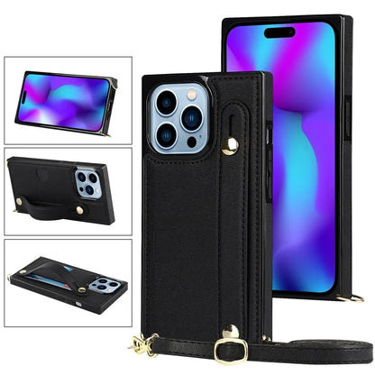 For iPhone 14 Pro Max Case Crossbody PU Leather Coated TPU Strap Kickstand Phone Protector