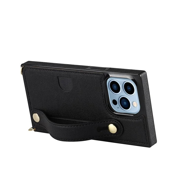 For iPhone 14 Pro Max Case Crossbody PU Leather Coated TPU Strap Kickstand Phone Protector