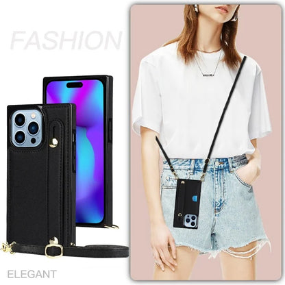 For iPhone 14 Pro Max Case Crossbody PU Leather Coated TPU Strap Kickstand Phone Protector