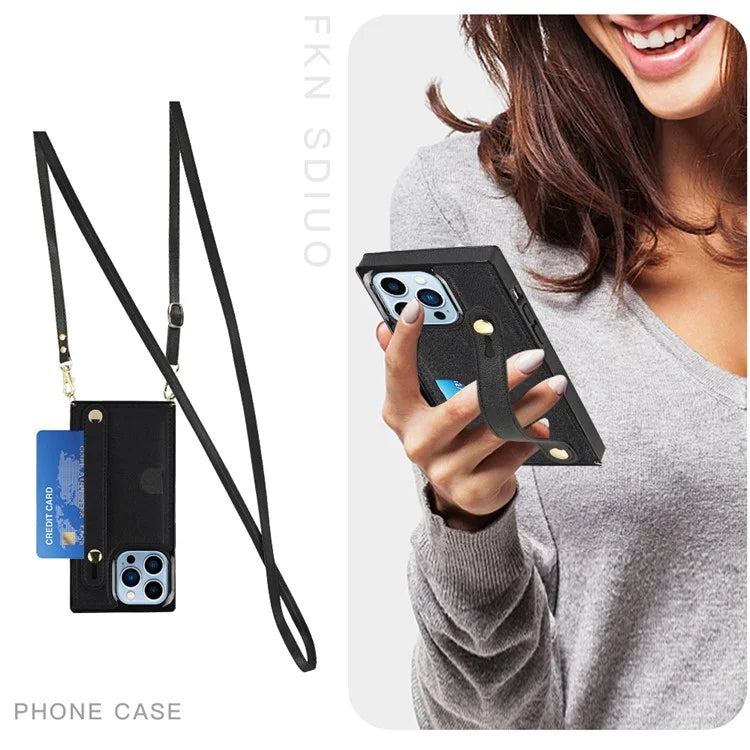 For iPhone 14 Pro Max Case Crossbody PU Leather Coated TPU Strap Kickstand Phone Protector