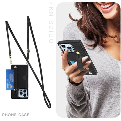 For iPhone 14 Pro Max Case Crossbody PU Leather Coated TPU Strap Kickstand Phone Protector