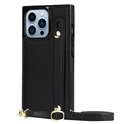 For iPhone 14 Pro Max Case Crossbody PU Leather Coated TPU Strap Kickstand Phone Protector