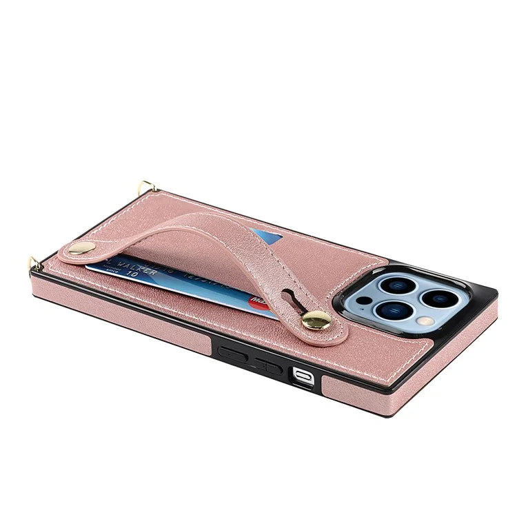 For iPhone 14 Pro Max Case Crossbody PU Leather Coated TPU Strap Kickstand Phone Protector