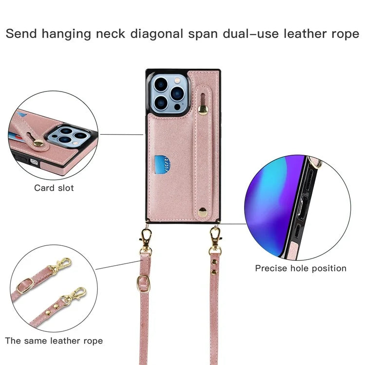 For iPhone 14 Pro Max Case Crossbody PU Leather Coated TPU Strap Kickstand Phone Protector