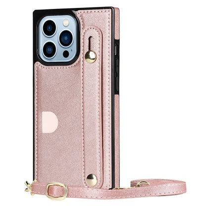 For iPhone 14 Pro Max Case Crossbody PU Leather Coated TPU Strap Kickstand Phone Protector