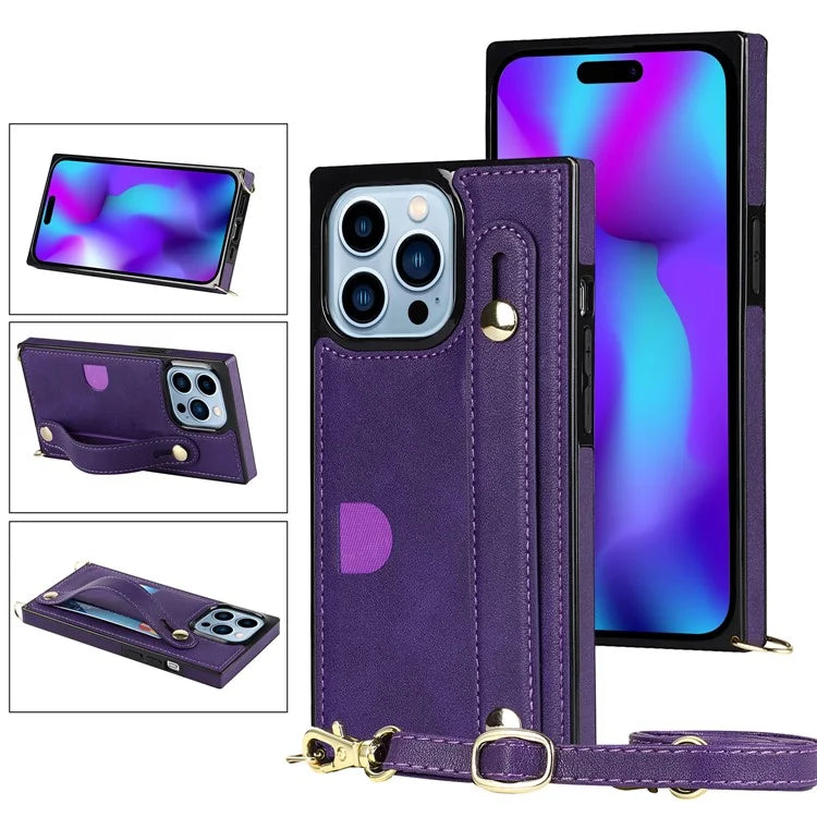 For iPhone 14 Pro Max Case Crossbody PU Leather Coated TPU Strap Kickstand Phone Protector