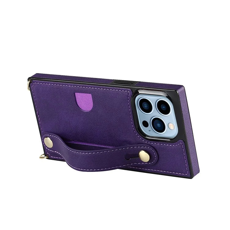 For iPhone 14 Pro Max Case Crossbody PU Leather Coated TPU Strap Kickstand Phone Protector