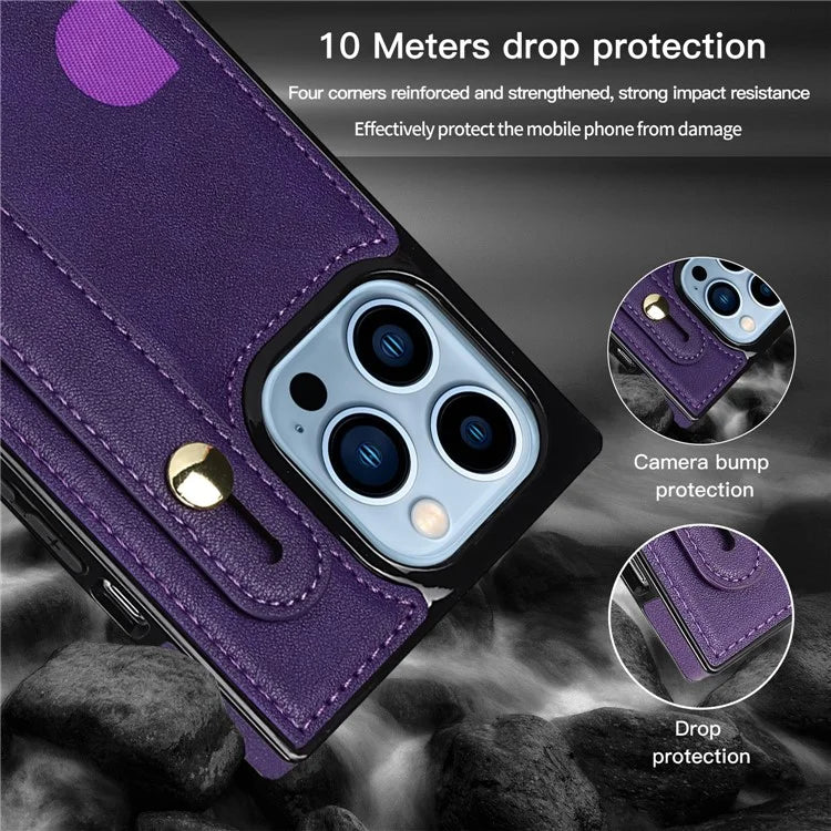 For iPhone 14 Pro Max Case Crossbody PU Leather Coated TPU Strap Kickstand Phone Protector