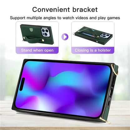 For iPhone 14 Pro Max Case Crossbody PU Leather Coated TPU Strap Kickstand Phone Protector