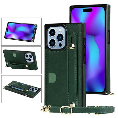 For iPhone 14 Pro Max Case Crossbody PU Leather Coated TPU Strap Kickstand Phone Protector