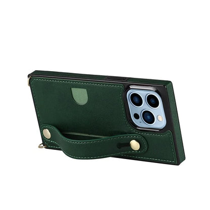 For iPhone 14 Pro Max Case Crossbody PU Leather Coated TPU Strap Kickstand Phone Protector