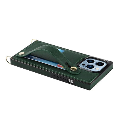 For iPhone 14 Pro Max Case Crossbody PU Leather Coated TPU Strap Kickstand Phone Protector