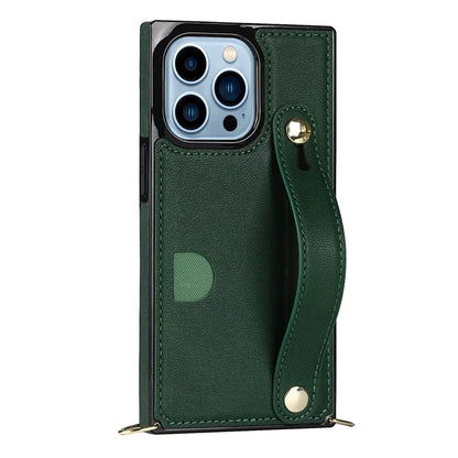 For iPhone 14 Pro Max Case Crossbody PU Leather Coated TPU Strap Kickstand Phone Protector