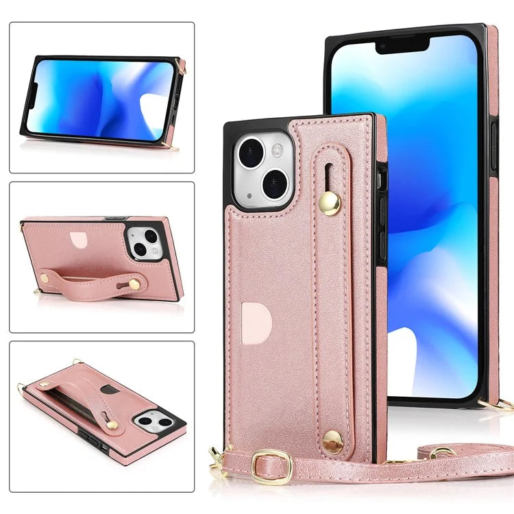 For iPhone 14 Plus Case Shockproof PU Leather Coated TPU Strap Kickstand Protective Back Cover