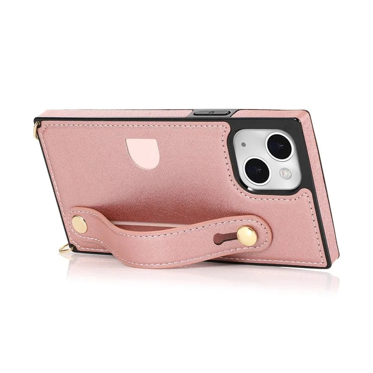 For iPhone 14 Plus Case Shockproof PU Leather Coated TPU Strap Kickstand Protective Back Cover