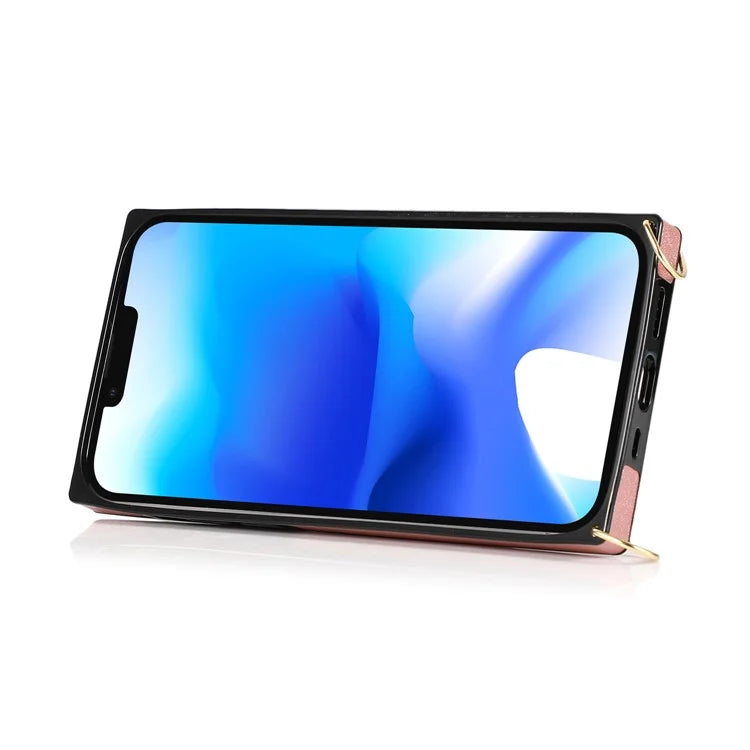 For iPhone 14 Plus Case Shockproof PU Leather Coated TPU Strap Kickstand Protective Back Cover