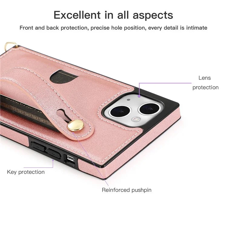 For iPhone 14 Plus Case Shockproof PU Leather Coated TPU Strap Kickstand Protective Back Cover