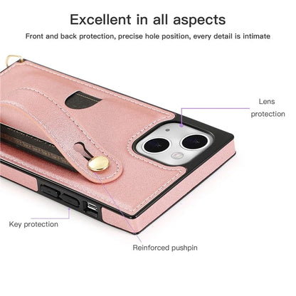 For iPhone 14 Plus Case Shockproof PU Leather Coated TPU Strap Kickstand Protective Back Cover