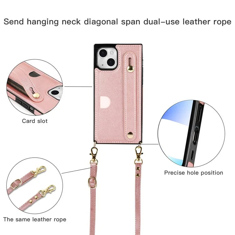For iPhone 14 Plus Case Shockproof PU Leather Coated TPU Strap Kickstand Protective Back Cover