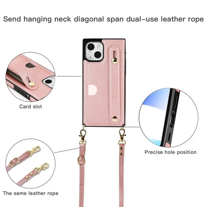 For iPhone 14 Plus Case Shockproof PU Leather Coated TPU Strap Kickstand Protective Back Cover