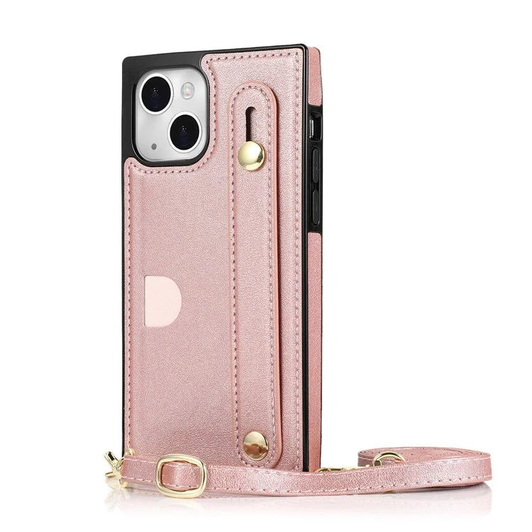 For iPhone 14 Plus Case Shockproof PU Leather Coated TPU Strap Kickstand Protective Back Cover