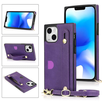 For iPhone 14 Plus Case Shockproof PU Leather Coated TPU Strap Kickstand Protective Back Cover