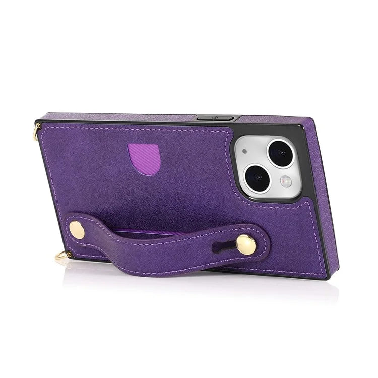 For iPhone 14 Plus Case Shockproof PU Leather Coated TPU Strap Kickstand Protective Back Cover
