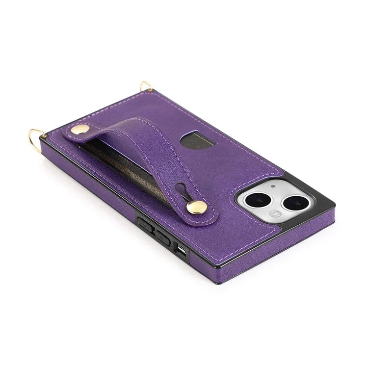 For iPhone 14 Plus Case Shockproof PU Leather Coated TPU Strap Kickstand Protective Back Cover