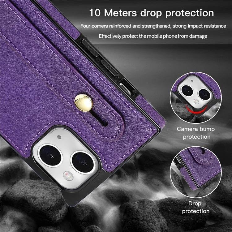 For iPhone 14 Plus Case Shockproof PU Leather Coated TPU Strap Kickstand Protective Back Cover