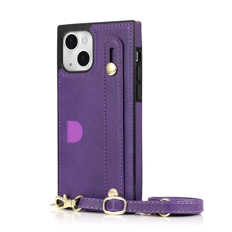 For iPhone 14 Plus Case Shockproof PU Leather Coated TPU Strap Kickstand Protective Back Cover