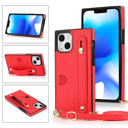 For iPhone 14 Plus Case Shockproof PU Leather Coated TPU Strap Kickstand Protective Back Cover