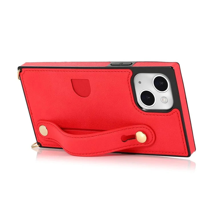 For iPhone 14 Plus Case Shockproof PU Leather Coated TPU Strap Kickstand Protective Back Cover