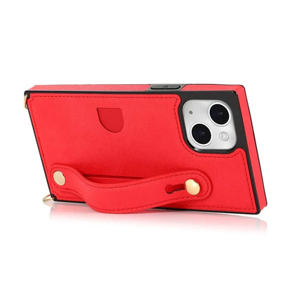 For iPhone 14 Plus Case Shockproof PU Leather Coated TPU Strap Kickstand Protective Back Cover