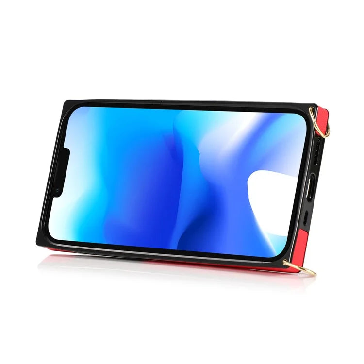 For iPhone 14 Plus Case Shockproof PU Leather Coated TPU Strap Kickstand Protective Back Cover