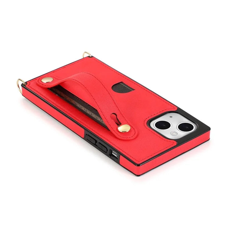 For iPhone 14 Plus Case Shockproof PU Leather Coated TPU Strap Kickstand Protective Back Cover
