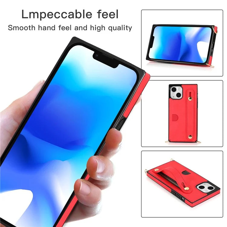 For iPhone 14 Plus Case Shockproof PU Leather Coated TPU Strap Kickstand Protective Back Cover